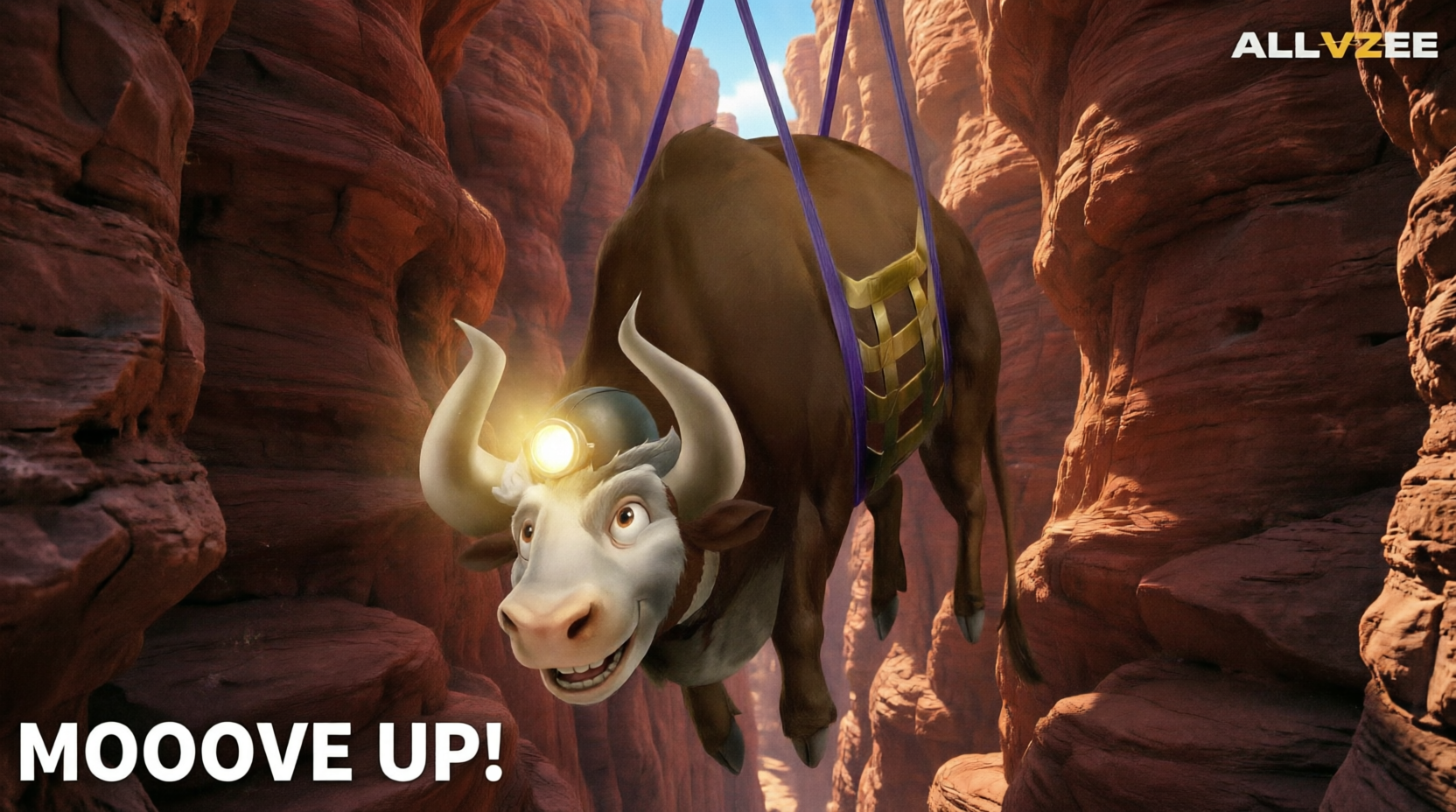 MOOOVE UP! — a bull hoisted out of a red canyon on twelve ropes